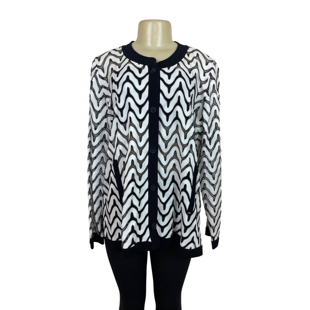 Misook Exclusively Womens Black & White Chevron Knit Cardigan Size IX
